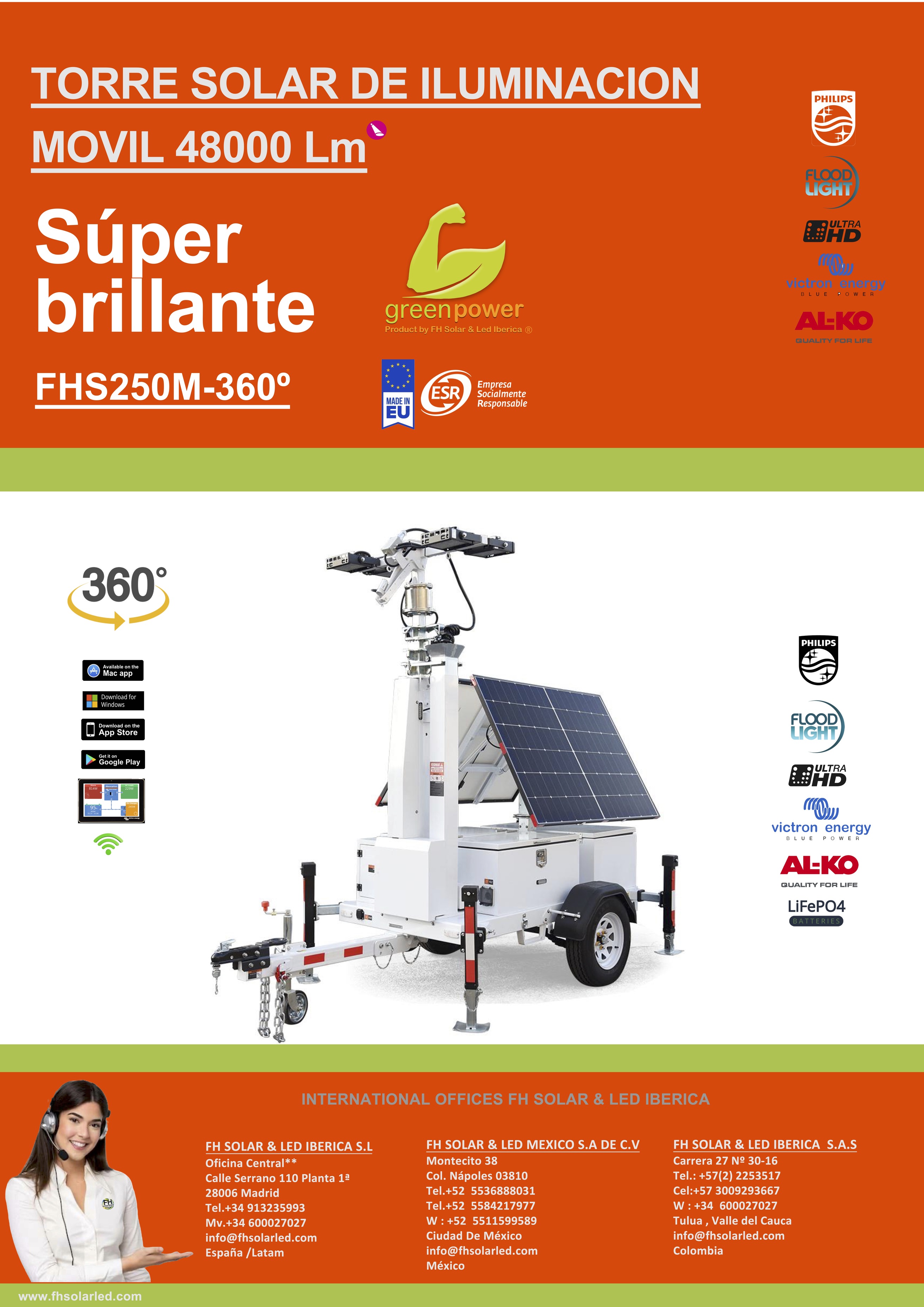 SUPER TORRE SOLAR DE ILUMINACIÓN MÓVIL 360º , GREENPOWER